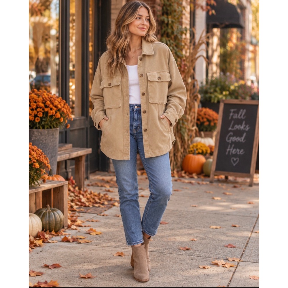 Women's Small Oversized Beige Corduroy Shacket Jacket Button Front Pockets